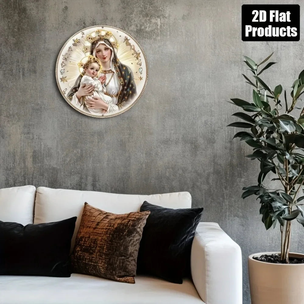 1pc Virgin Mary Themed 2D Flat Aluminum Wall Art – Round Vintage Metal Sign (2D Flat Print), Perfect for Bar/Kitchen/Home/Living