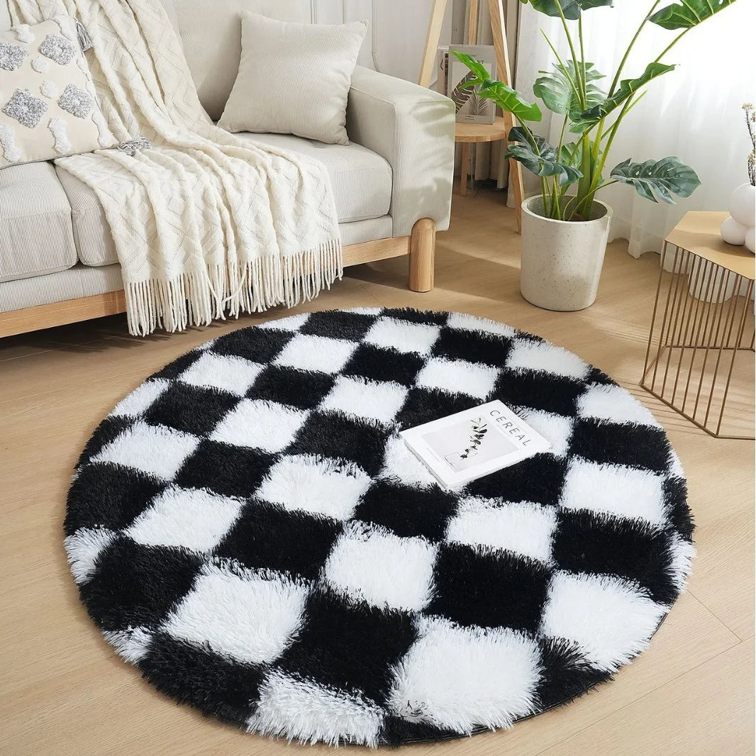 Modern Checkerboard Round Rug Soft Plush Rugs Circular Carpet for Home Decor Nursery Game Mat Children's Bedroom Bedside Mats