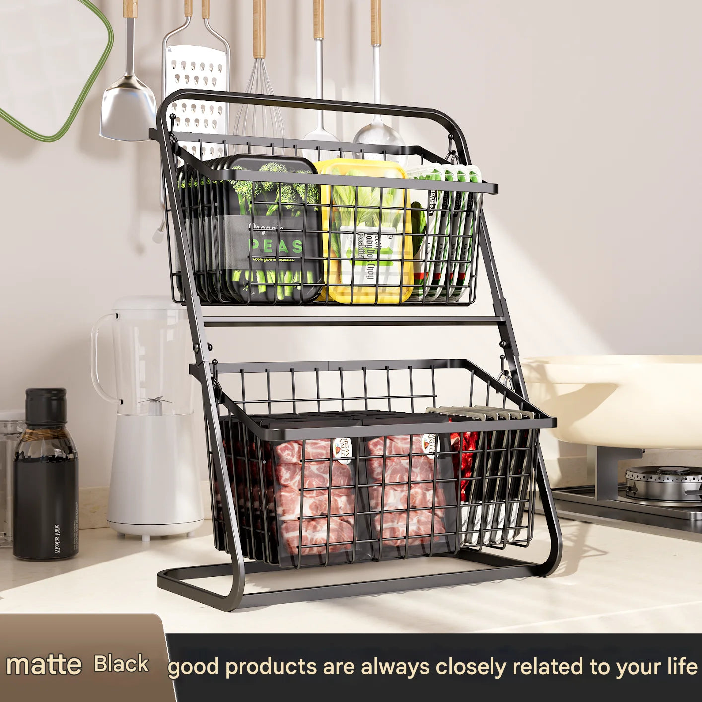 Kitchen Vegetable Storage Shelf, Black Floor To Ceiling Multi-layer Vegetable Rack, Household Vegetable And Fruit Storage Basket