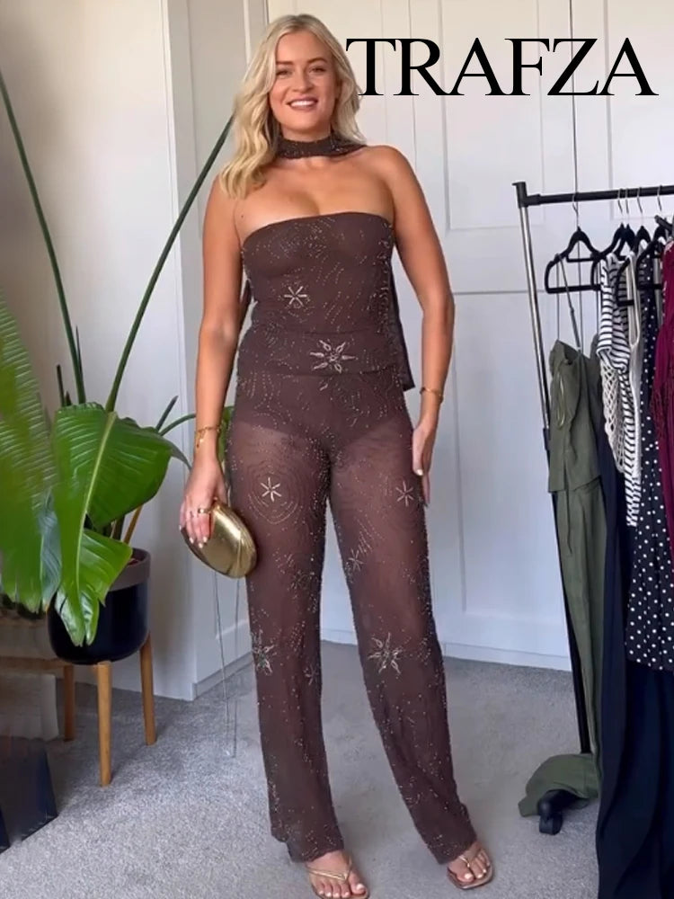 TRAFZA Women Fashion Translucent Tulle Beaded Decoration Mid-Waist Trousers Female Chic Elastic Waist Loose Slim Wide Leg Pants