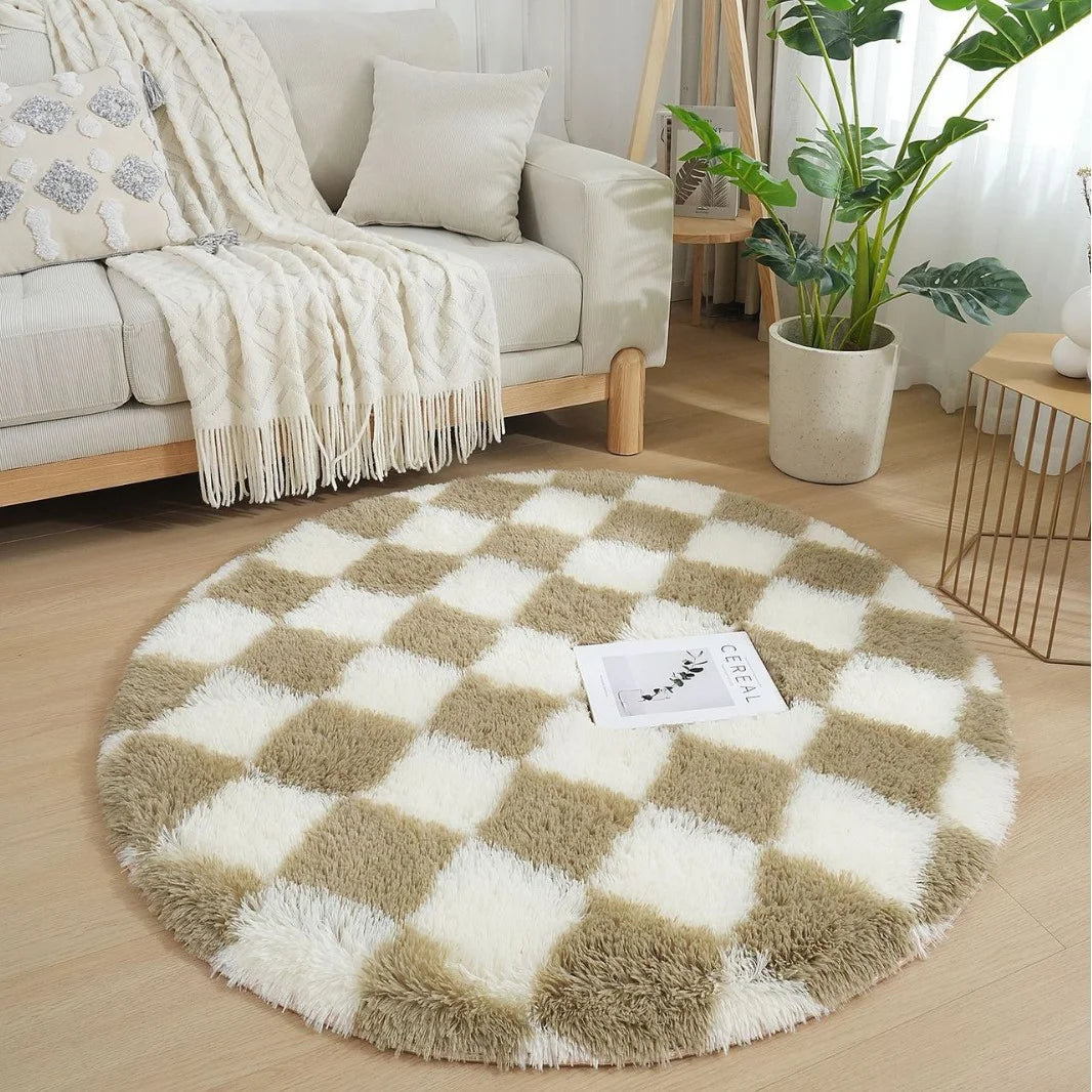Modern Checkerboard Round Rug Soft Plush Rugs Circular Carpet for Home Decor Nursery Game Mat Children's Bedroom Bedside Mats
