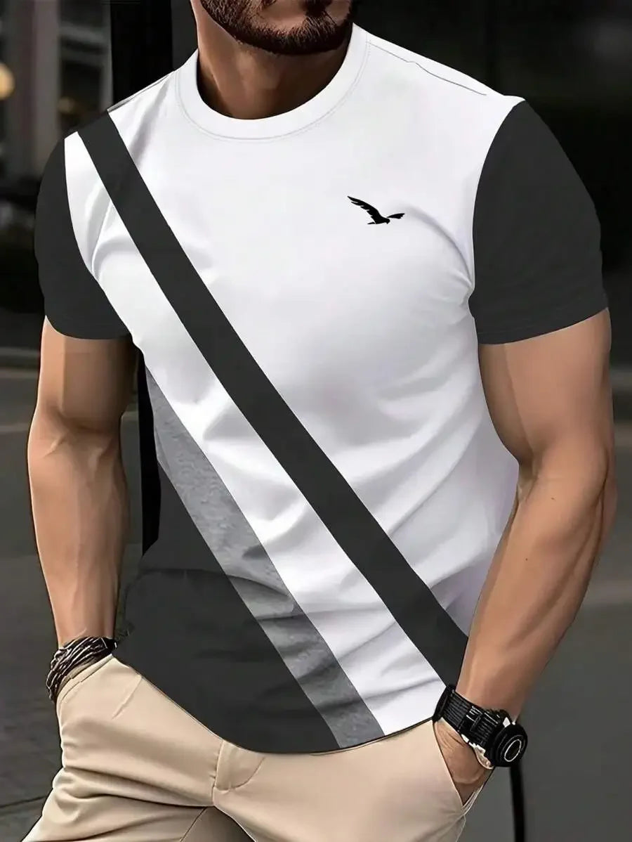 Summer Men's T-Shirt Outdoor Trendy Street Short Sleeve Top Striped Printed Plaid Style Plus Size Loose Men's Clothing  Fashion