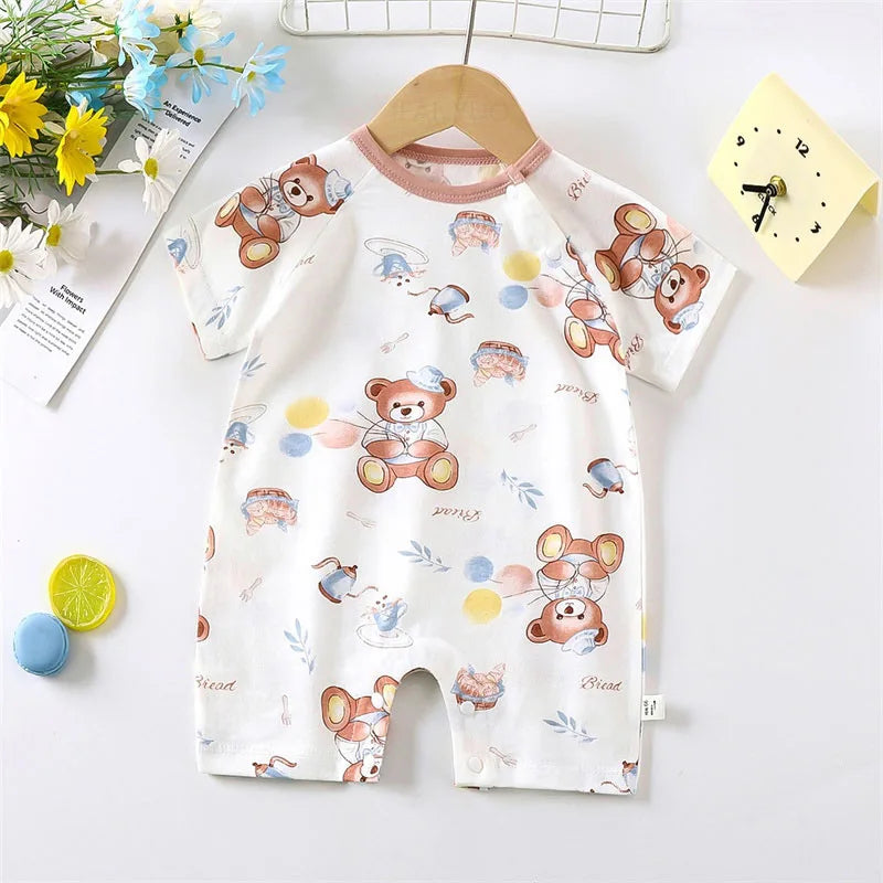 Cute Baby Cartoon Jumpsuit Summer Short Sleeved Thin Cotton Newborn Infant Clothing Bodysuit Boys Girls Crawling Clothes Rompers