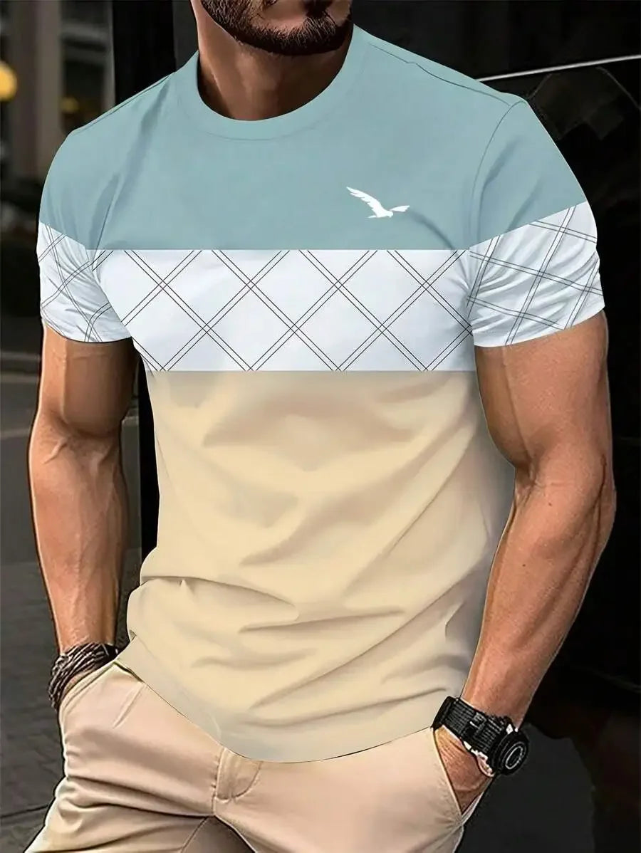 Summer Men's T-Shirt Outdoor Trendy Street Short Sleeve Top Striped Printed Plaid Style Plus Size Loose Men's Clothing  Fashion