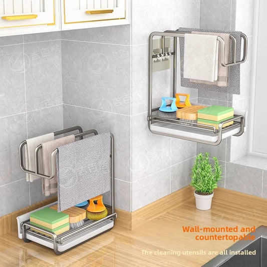 Wall-Mounted Non-Perforated Rag Rack Kitchen Shelf Dishcloth Tabletop Storage Hanging Rack Organizer for Home