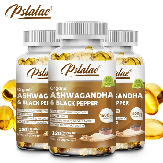 Natural Ashwagandha 1600 Mg with Black Pepper Extract - Supports Stress Relief, Mood, Energy & Thyroid Health, 120 Capsules
