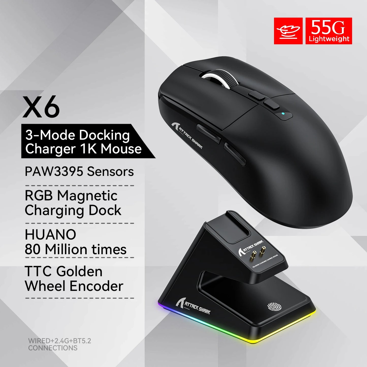 Attack Shark X6 PAW3395 Bluetooth Mouse,2.4 Tri-Mode Connection, RGB Touch Magnetic Charging Base, Macro Gaming Mouse