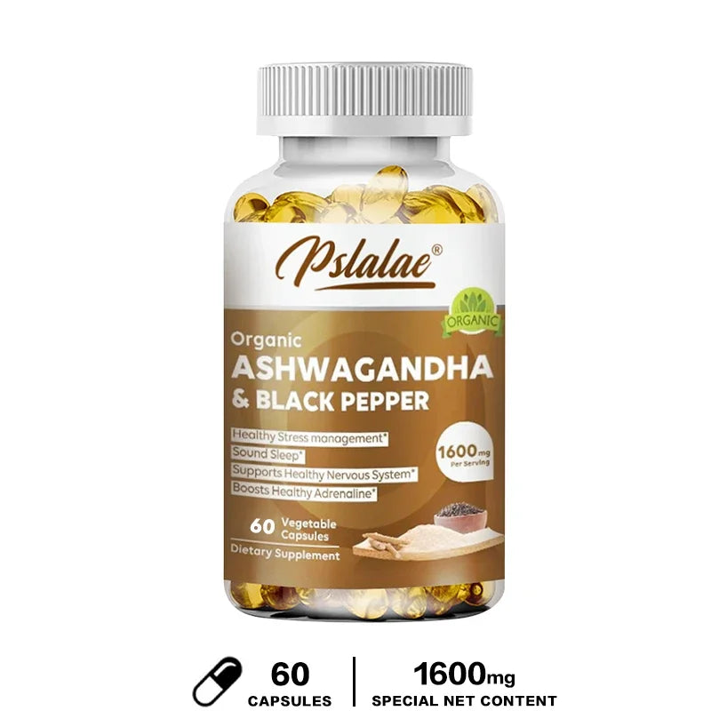 Natural Ashwagandha 1600 Mg with Black Pepper Extract - Supports Stress Relief, Mood, Energy & Thyroid Health, 120 Capsules
