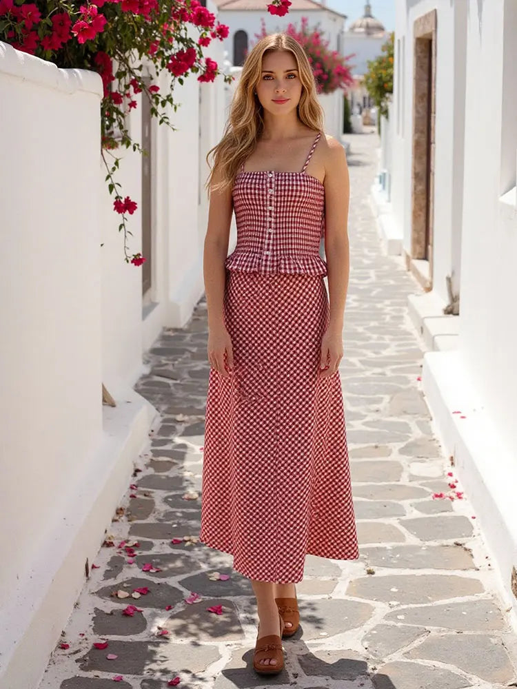 TRAFZA Plaid Skrits Sets For Women New Fashion Front Button Camis Top Elegant Midi Skirt Summer Female Bohemia Vacation Outfits