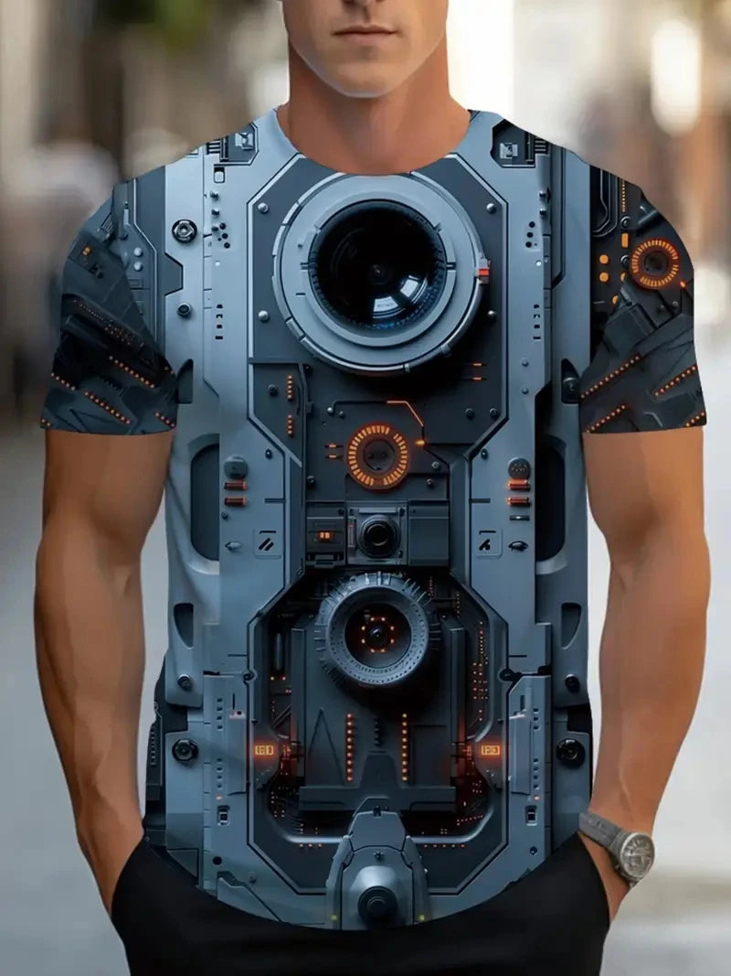 Fashion Men's T-Shirt 3D Futurism Mechanical Printed T-Shirt Street Cyberpunk Trendy O Neck Top Summer Men's Y2k Casual Clothing