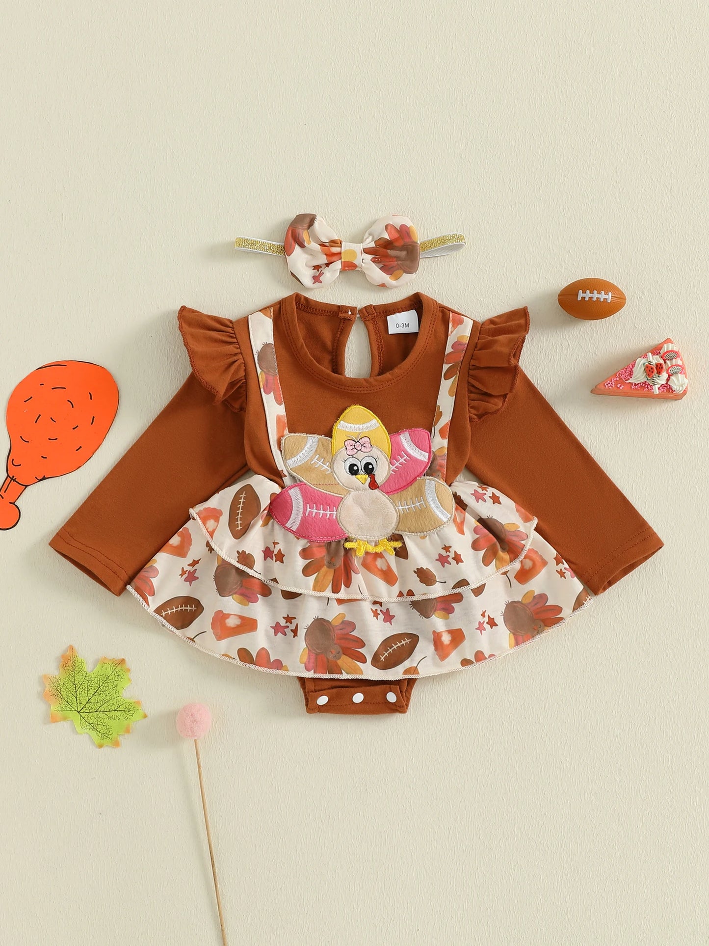 Thanksgiving Turkey Print Baby Girl Romper Dress with Embroidery Detail and Matching Headband for a Festive Look