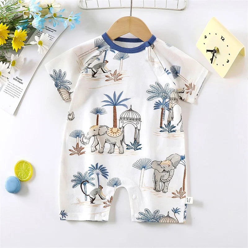 Cute Baby Cartoon Jumpsuit Summer Short Sleeved Thin Cotton Newborn Infant Clothing Bodysuit Boys Girls Crawling Clothes Rompers