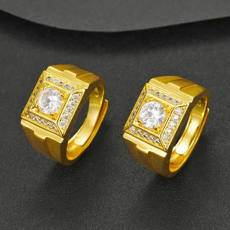 Mighty Luxury 9999 24K Real Gold Gold Inlaid Gemstone Open Men's Ring European and American Style Adjustable