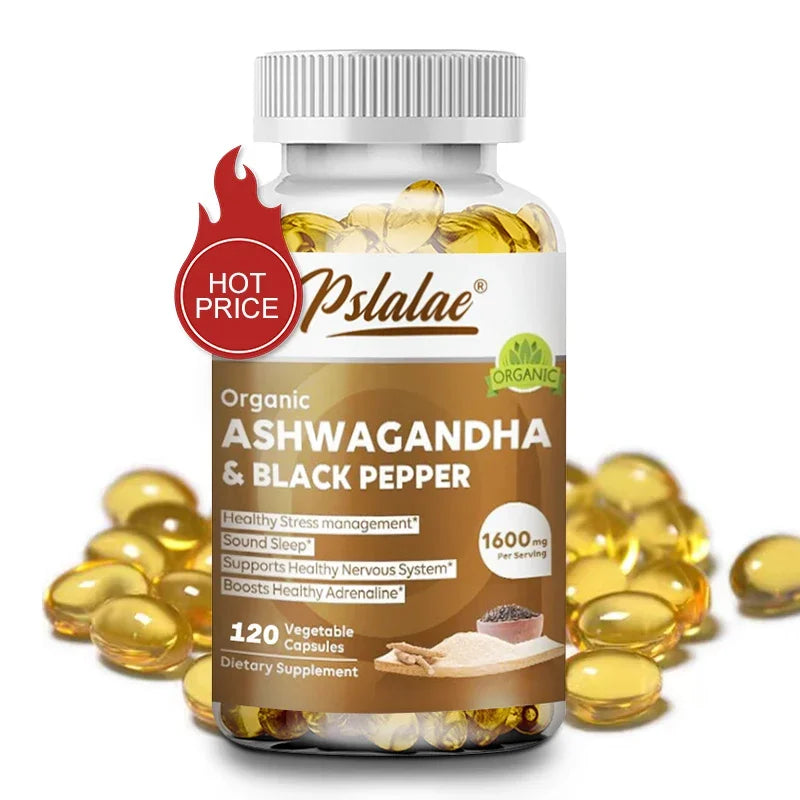 Natural Ashwagandha 1600 Mg with Black Pepper Extract - Supports Stress Relief, Mood, Energy & Thyroid Health, 120 Capsules