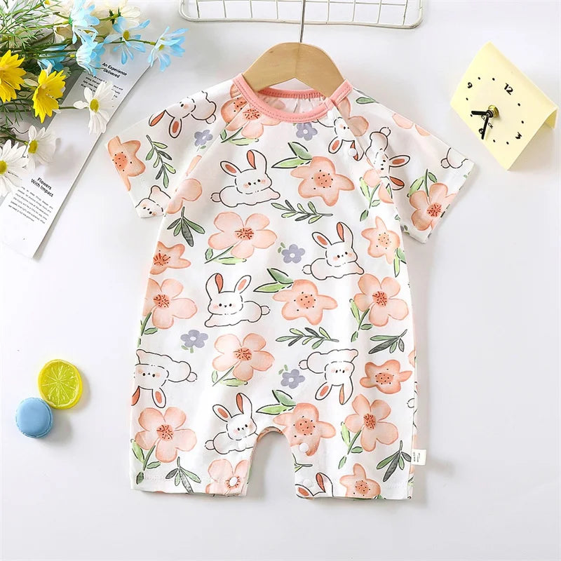 Cute Baby Cartoon Jumpsuit Summer Short Sleeved Thin Cotton Newborn Infant Clothing Bodysuit Boys Girls Crawling Clothes Rompers