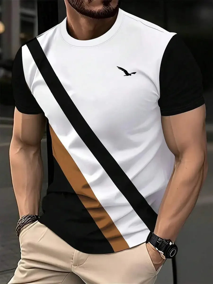 Summer Men's T-Shirt Outdoor Trendy Street Short Sleeve Top Striped Printed Plaid Style Plus Size Loose Men's Clothing  Fashion