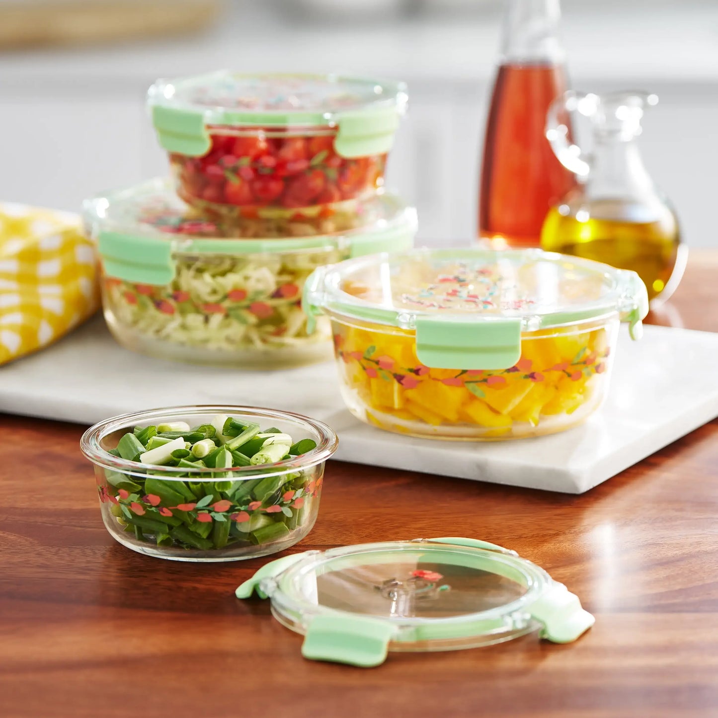 Painted Meadow Round Glass Food Storage Containers Set of 4, Tritan Lids 8-PC, Airtight for Pantry Kitchen Organization