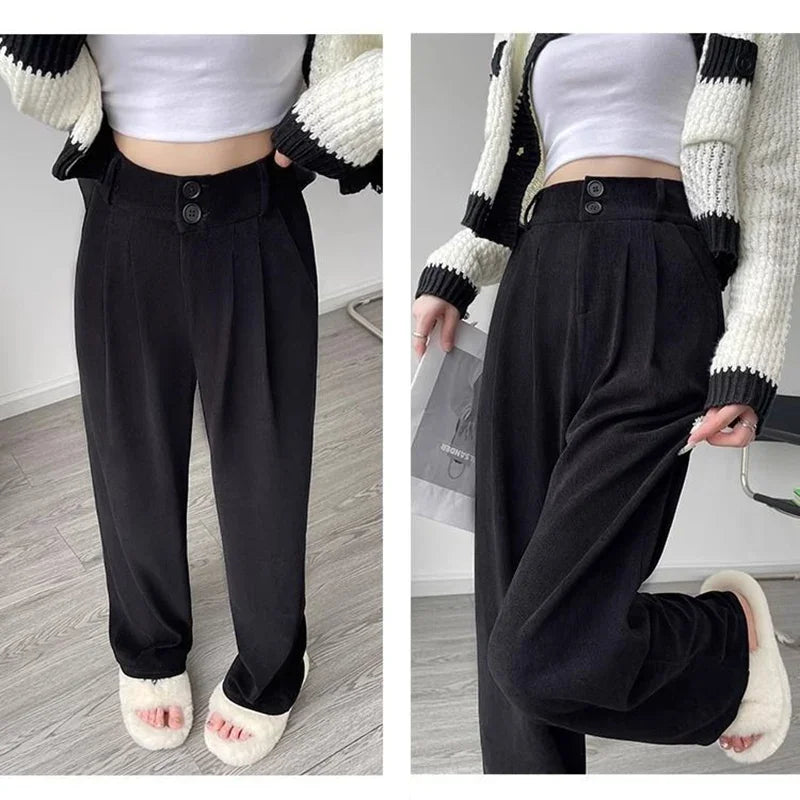 Women Fashion Suit Pants Lady Baggy Wide Straight Leg Classic Double Button Trousers Lady Korean Pants High Waist Goth Slacks