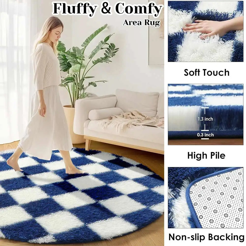 Modern Checkerboard Round Rug Soft Plush Rugs Circular Carpet for Home Decor Nursery Game Mat Children's Bedroom Bedside Mats