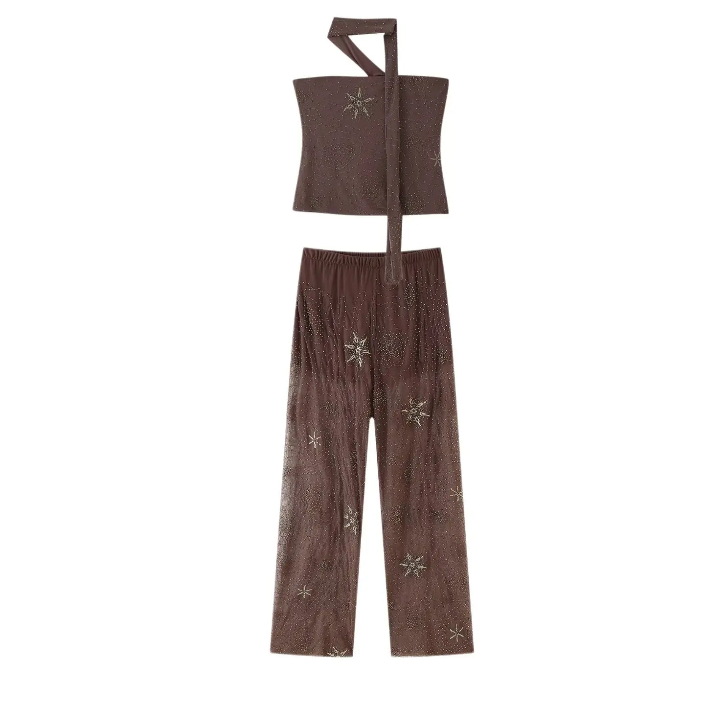 TRAFZA Women Fashion Translucent Tulle Beaded Decoration Mid-Waist Trousers Female Chic Elastic Waist Loose Slim Wide Leg Pants