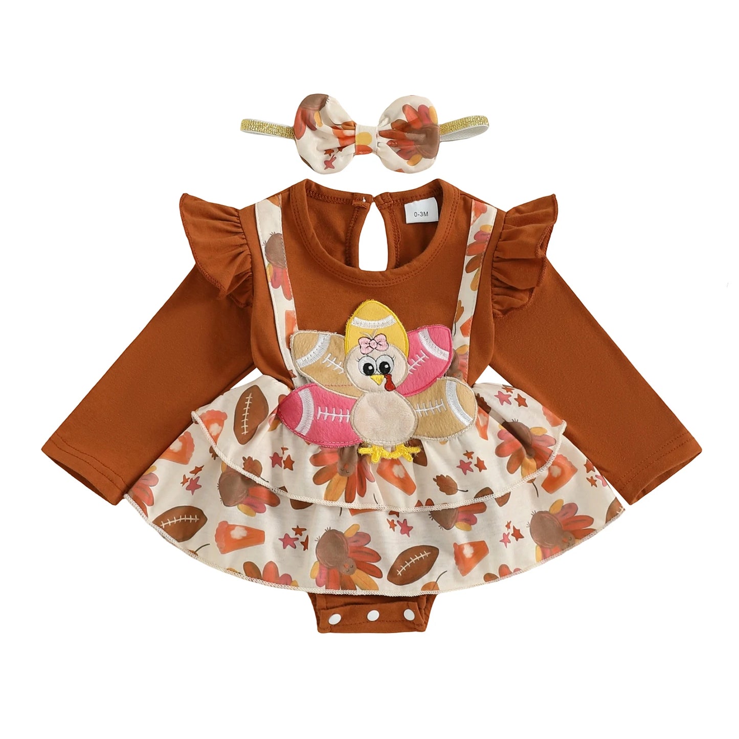 Thanksgiving Turkey Print Baby Girl Romper Dress with Embroidery Detail and Matching Headband for a Festive Look