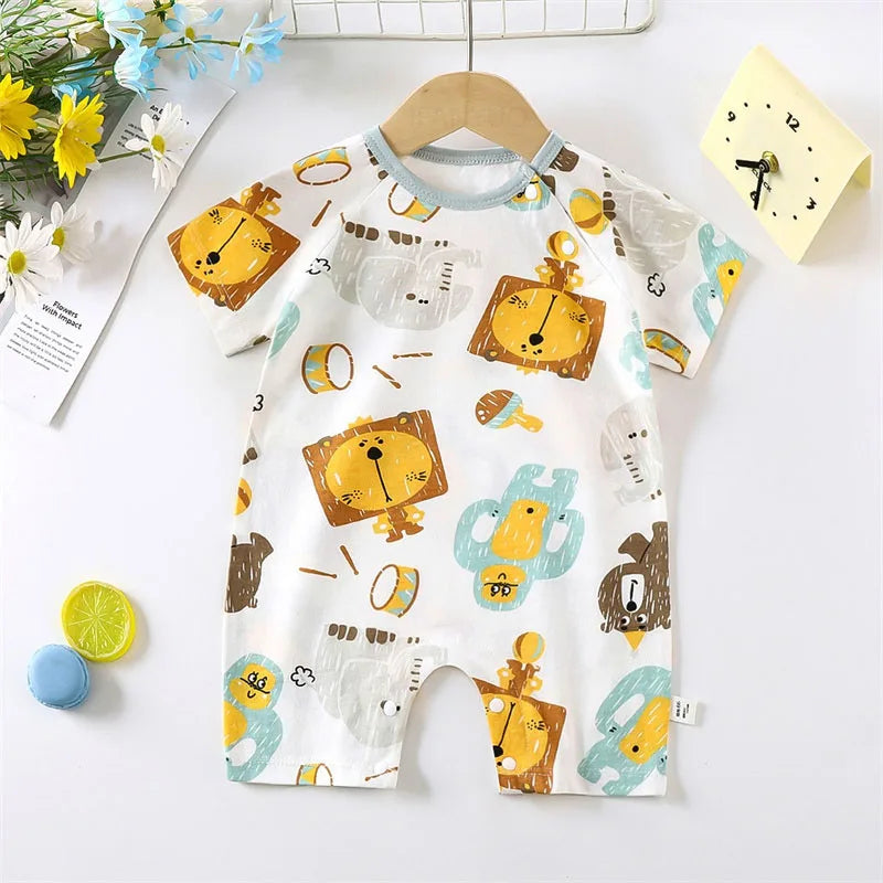 Cute Baby Cartoon Jumpsuit Summer Short Sleeved Thin Cotton Newborn Infant Clothing Bodysuit Boys Girls Crawling Clothes Rompers
