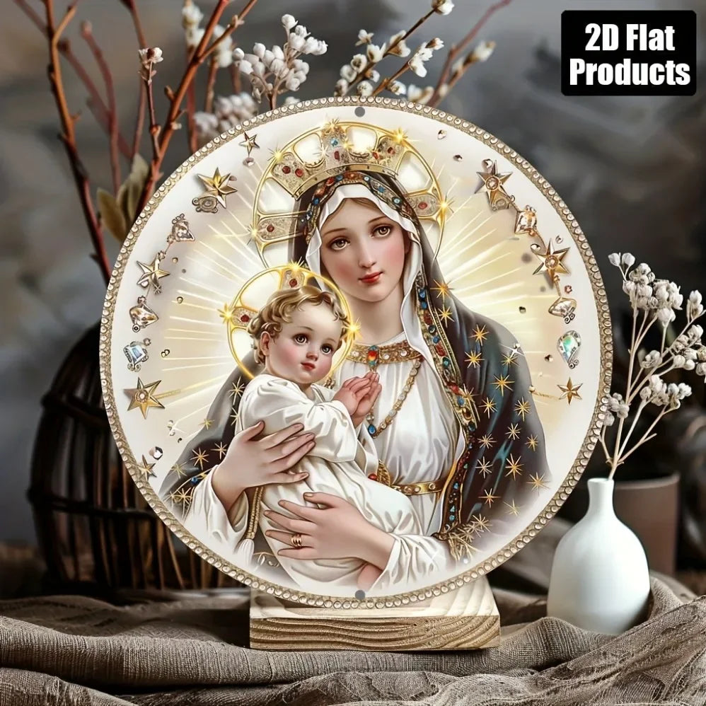 1pc Virgin Mary Themed 2D Flat Aluminum Wall Art – Round Vintage Metal Sign (2D Flat Print), Perfect for Bar/Kitchen/Home/Living