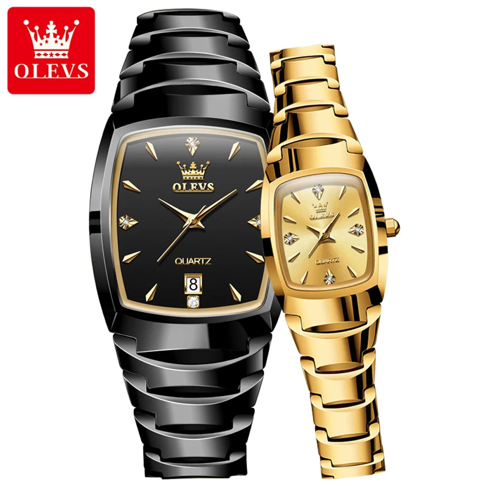 OLEVS 7006 Tonneau Tungsten Steel Couple Watch for Men Women Luxury Brand Quartz Lover's Watch His or Hers Waterproof Wristwatch