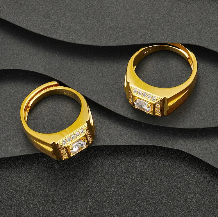 Mighty Luxury 9999 24K Real Gold Gold Inlaid Gemstone Open Men's Ring European and American Style Adjustable